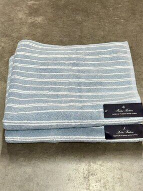 2 Brooks Brothers Premium Turkish Cotton Bath Towels White Blue Gray Stripe